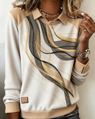 Long-Sleeved Lapel Printed Sweatshirt