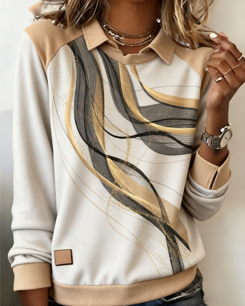 Long-Sleeved Lapel Printed Sweatshirt