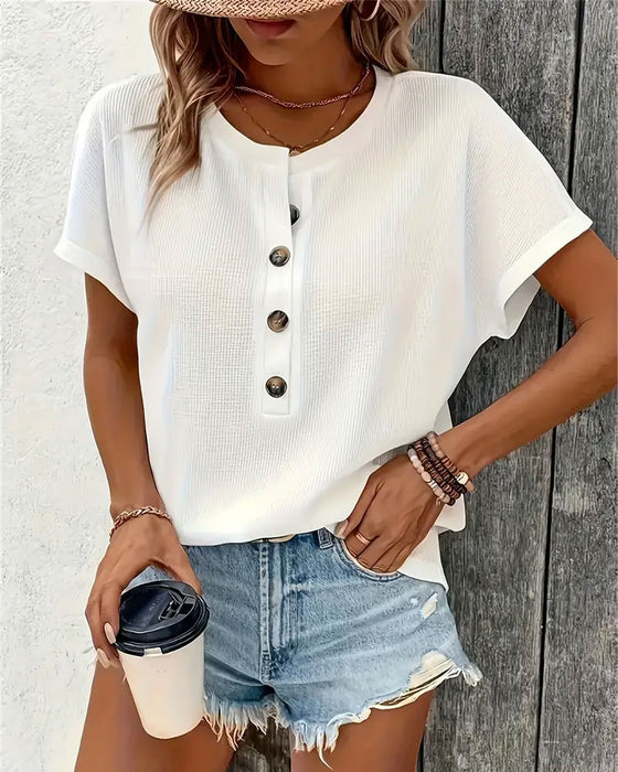 Crew Neck Button Knit T-Shirt