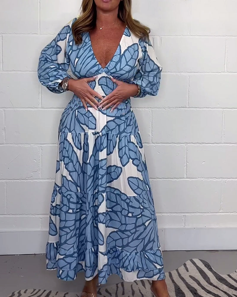 Women's V-neck printed waist long dress