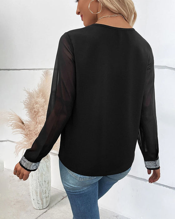 Sequined V-neck long-sleeved blouse