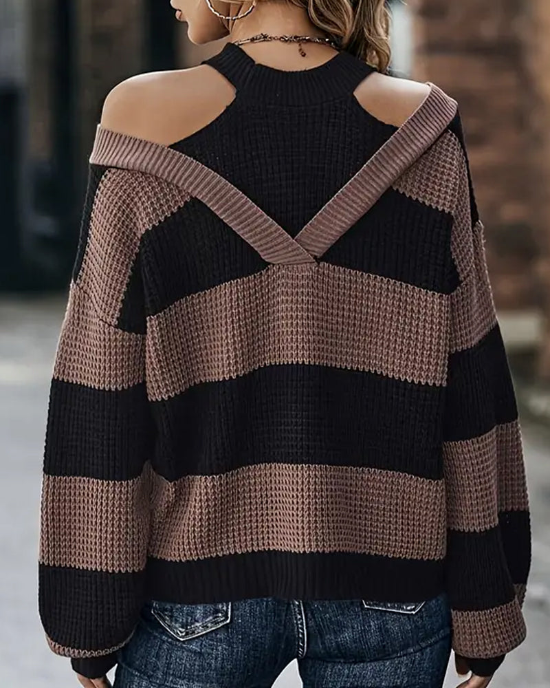 Off-The-Shoulder Striped Fashionable Jumper