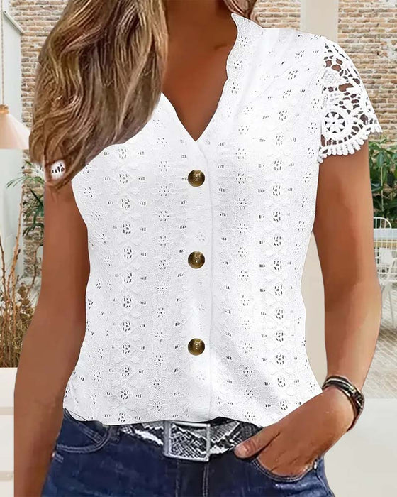 Solid Color Hollow Short-Sleeved Blouse