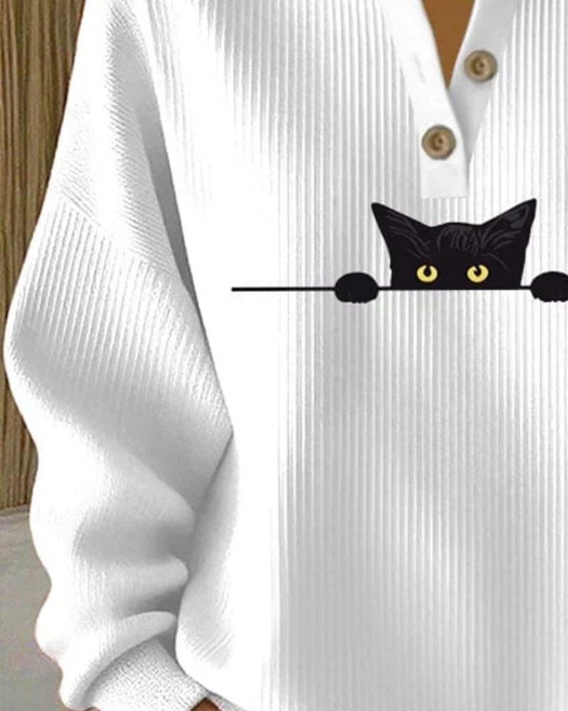 Button-Up Casual Printed Striped Sweatshirt