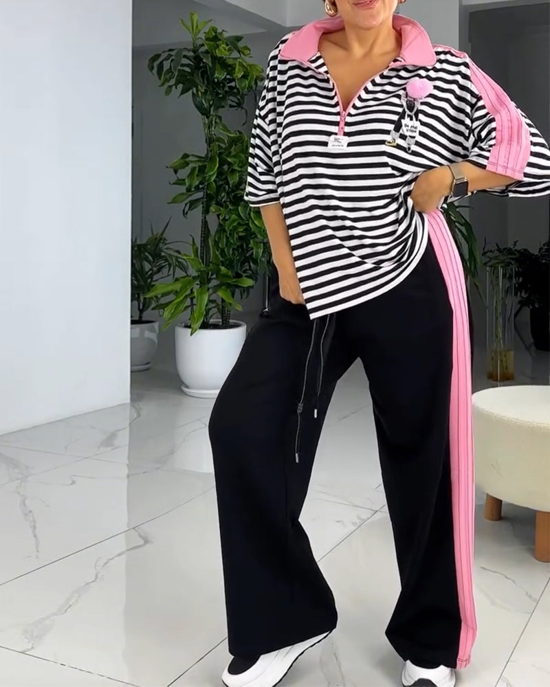 Striped Print Loose Pants Suit