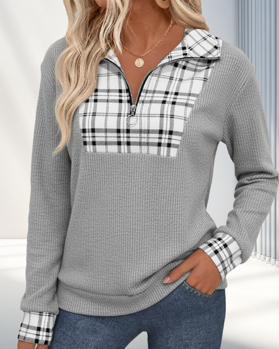Plaid Patchwork Zip-Up Sweatshirt