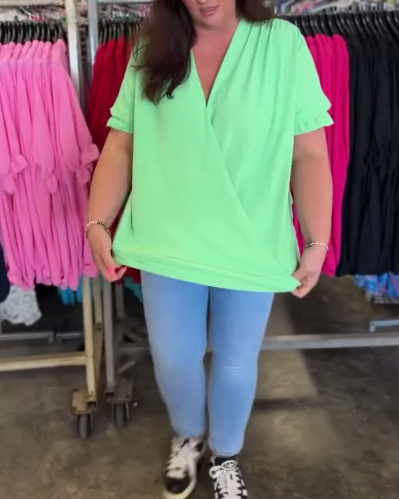 V-neck ruffle trim solid color casual blouse