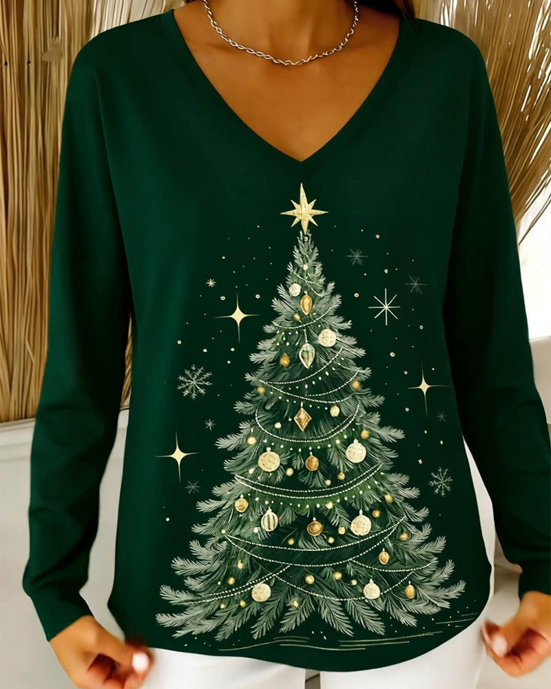 V-Neck Long-Sleeved Christmas Print Top