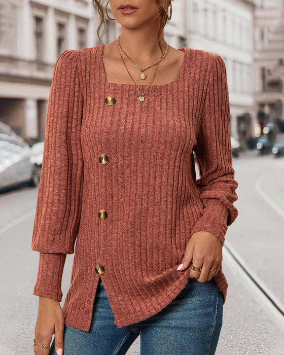 Square collar button-up solid color top