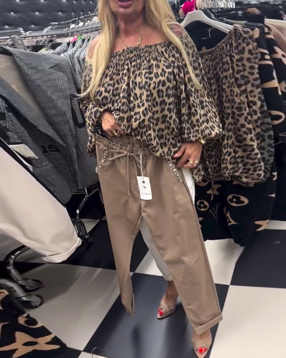 One shoulder leopard print fashionable blouse