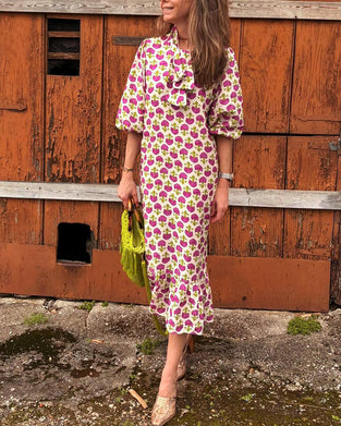 Puff sleeve printed elegant dress