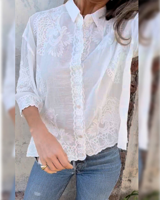 Lapel Button Print Solid Shirt