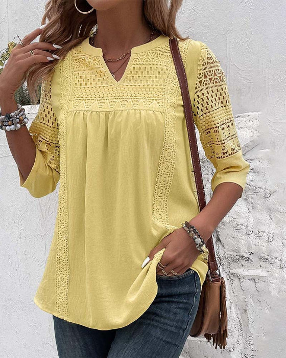 Hollow 3/4 sleeve solid color top