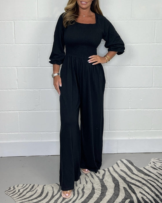 Square neck solid color pocket jumpsuit