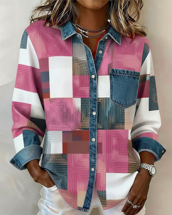 Color Block Fashionable Lapel Shirt