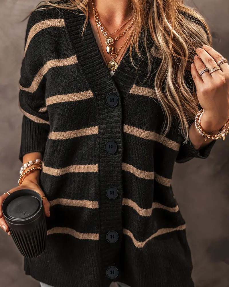 V-Neck Long-Sleeved Striped Cardigan