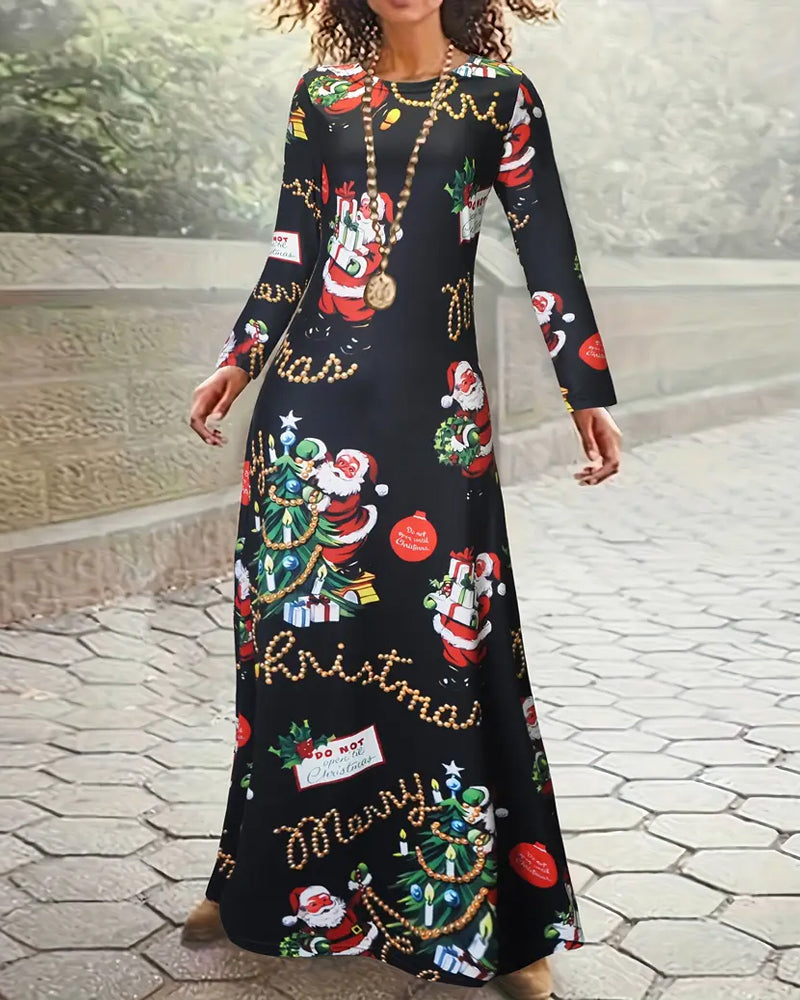 Slim Christmas Printed Long Sleeve Dress
