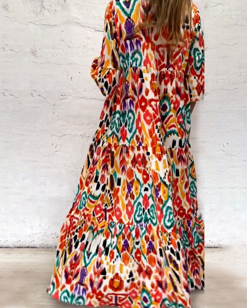 Color Print A-Line Dress with V-neck
