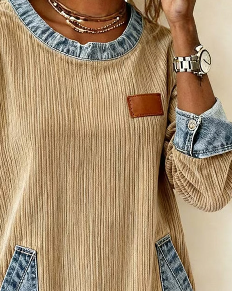 Casual Long-Sleeved Denim Pocket Sweatshirt