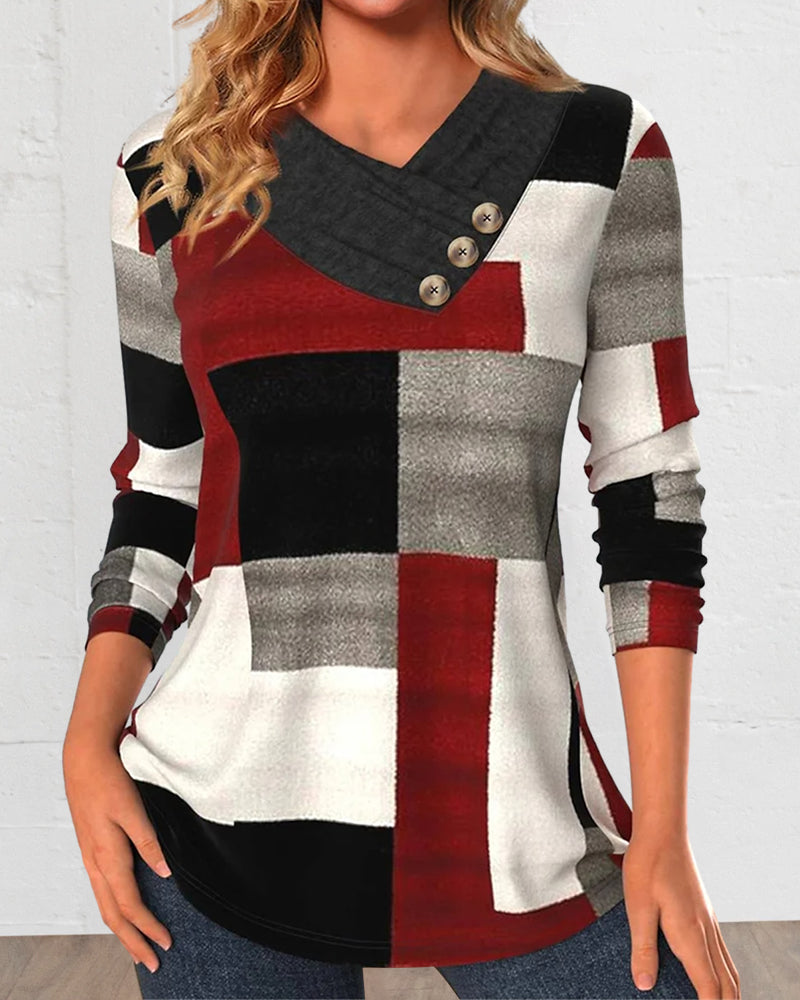 Colorblock Top V-Neck Long Sleeves