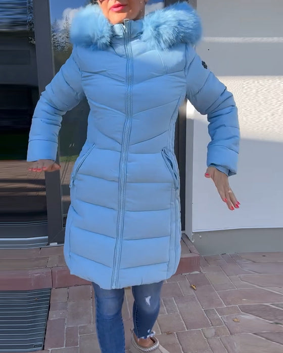 Casual solid color zipper pocket hooded padded jacket