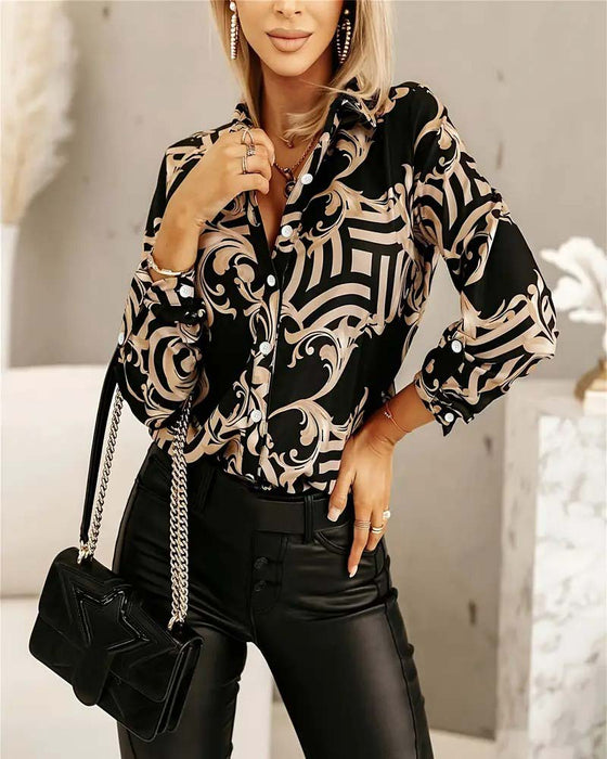 Casual Printed Lapel Long Sleeve Shirt
