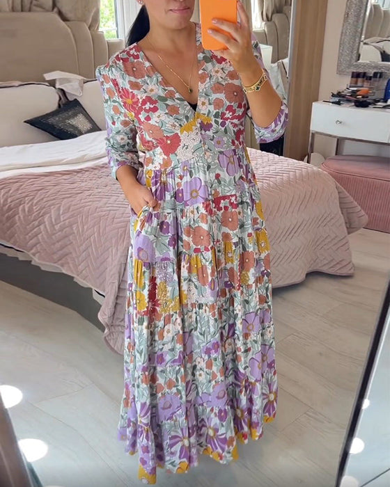 Pastoral style printed v-neck dress
