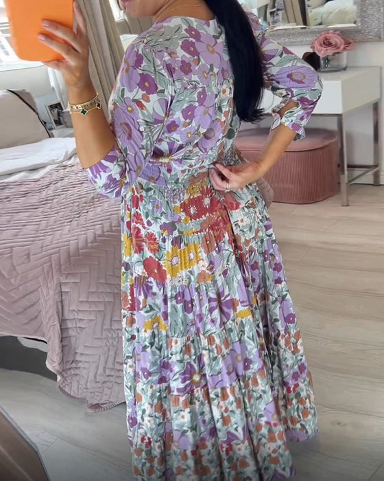 Pastoral style printed v-neck dress