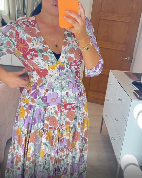Pastoral style printed v-neck dress