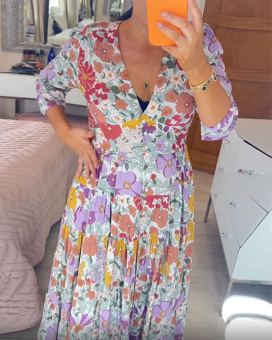 Pastoral style printed v-neck dress