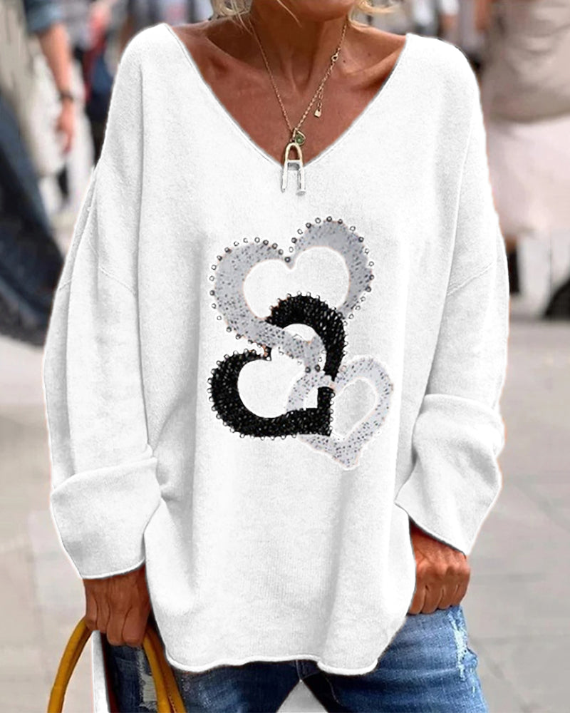 V Neck Heart Printed Top