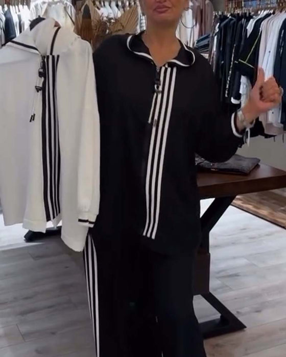 Hooded striped casual two-piece set