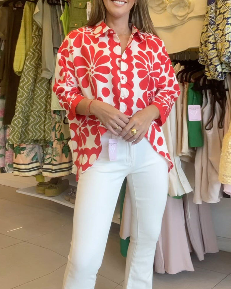 Irregular hem floral blouse with lapels
