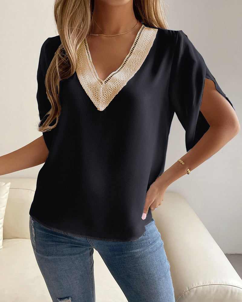 V-neck solid color temperament short-sleeved shirt