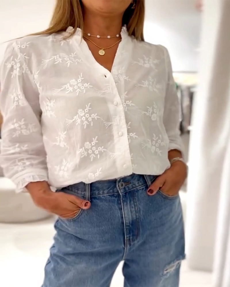 Elegant floral embroidered buttons blouse