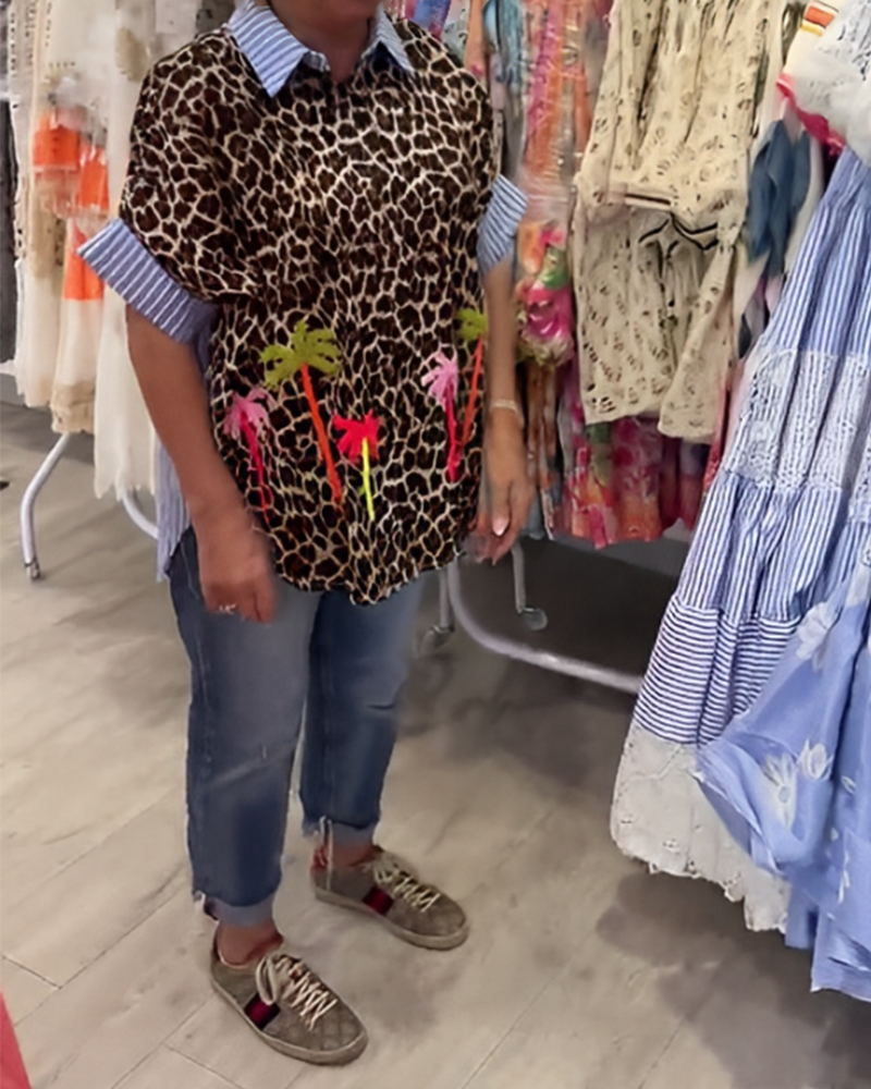 Striped Lapel Leopard Print Shirt