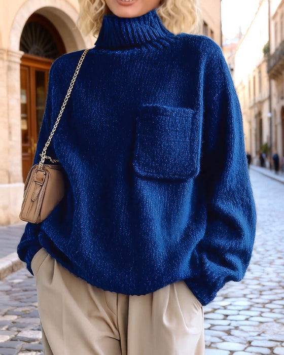 Fashion Loose Pocket Turtleneck Pullover