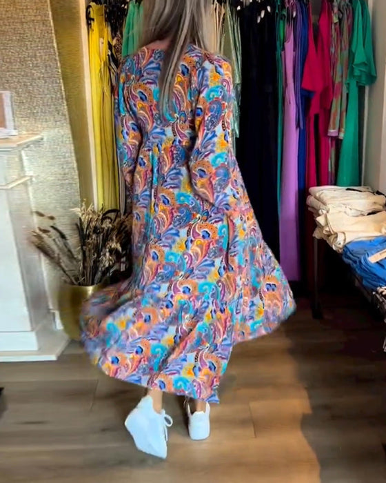 Colorful paisley print V-neck elegant dress