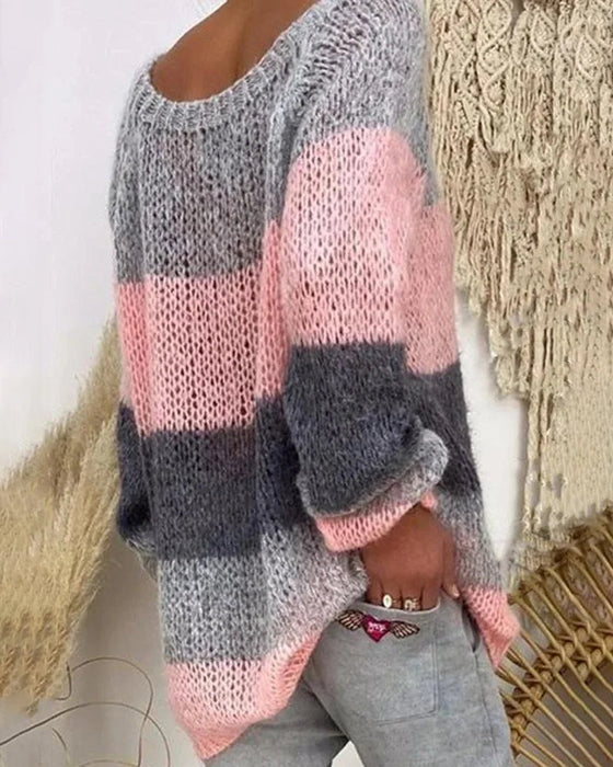 Round neck color block pullover