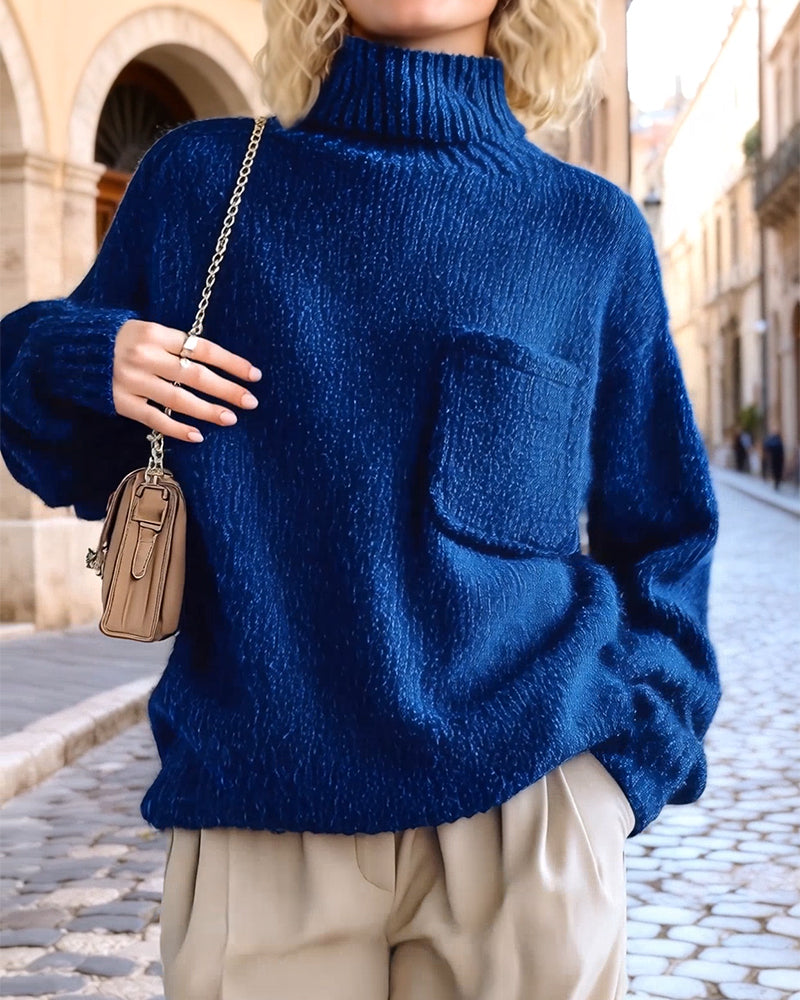 Fashion Loose Pocket Turtleneck Pullover