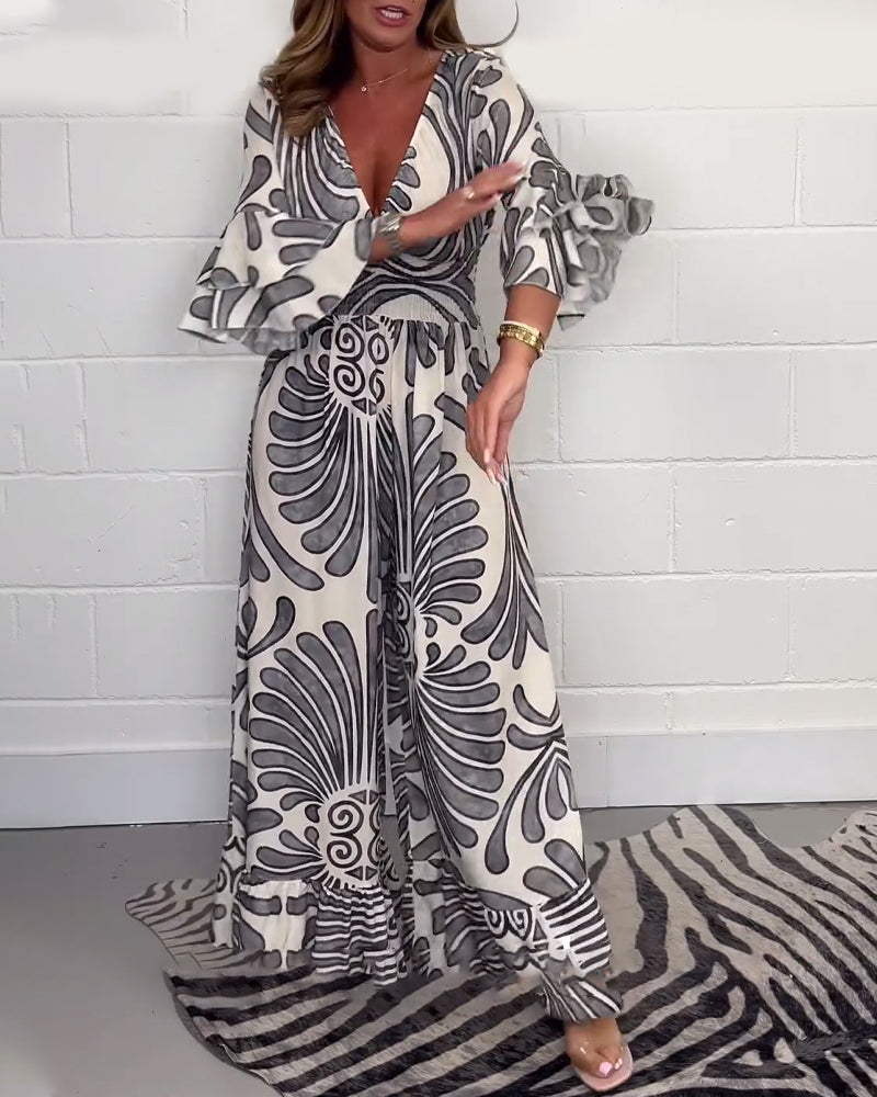 Deep V retro printed bell sleeve loose jumpsuit