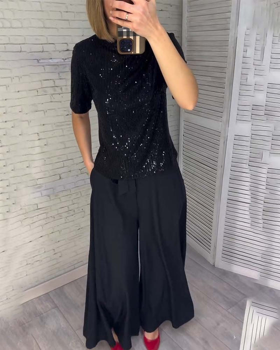 Slimming Sequined Short-Sleeved T-Shirt