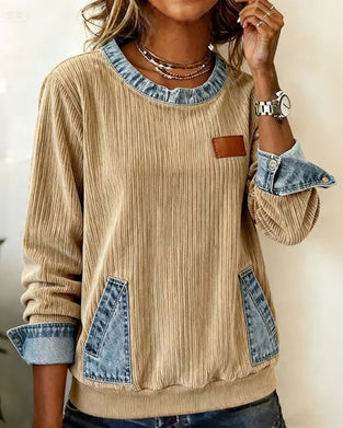Casual Long-Sleeved Denim Pocket Sweatshirt