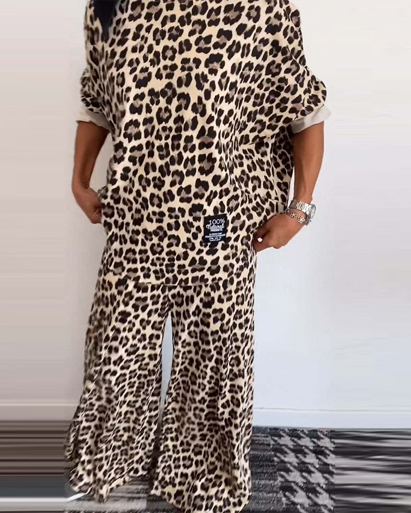 Casual leopard print crew neck pocket top wide leg pants set