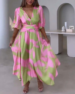 Deep V half-sleeve printed elegant dress