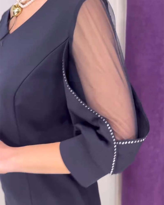 Half-sleeved V-neck Rhinestone Stitching Dress