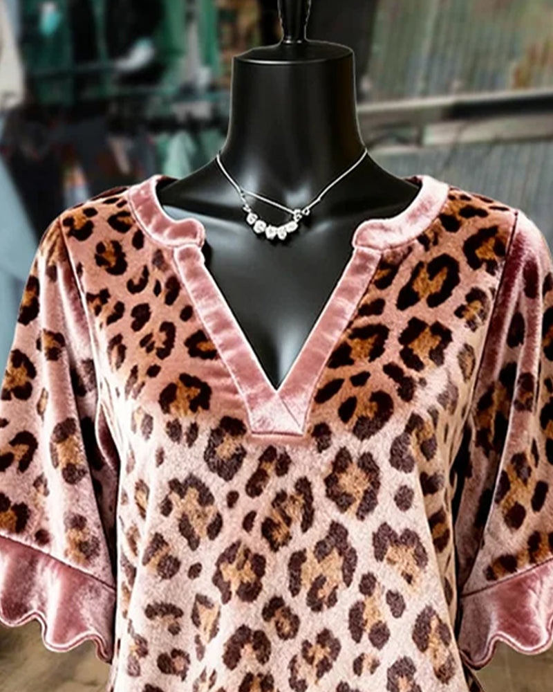 V-Neck Leopard Print Short-Sleeved Blouse