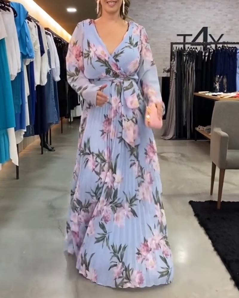 V-Neck Long Sleeve Floral Print Dress
