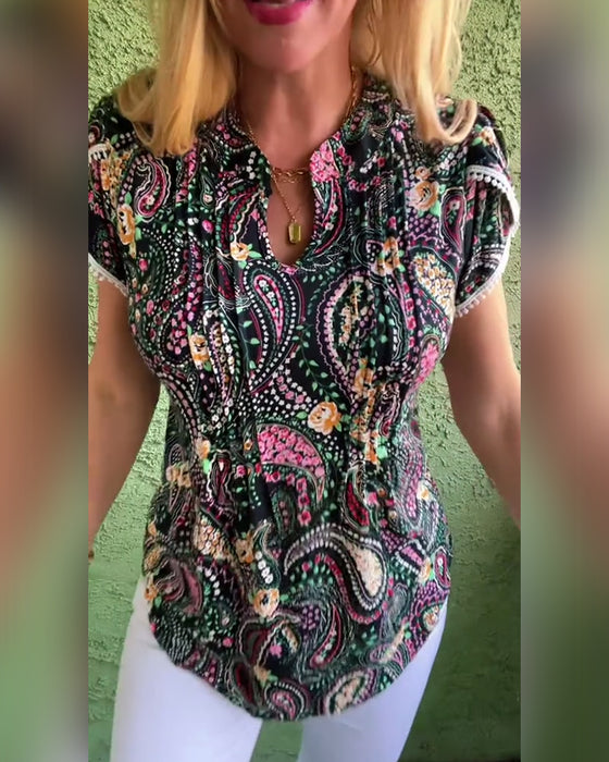 Petal Sleeve Pleated Print Blouse