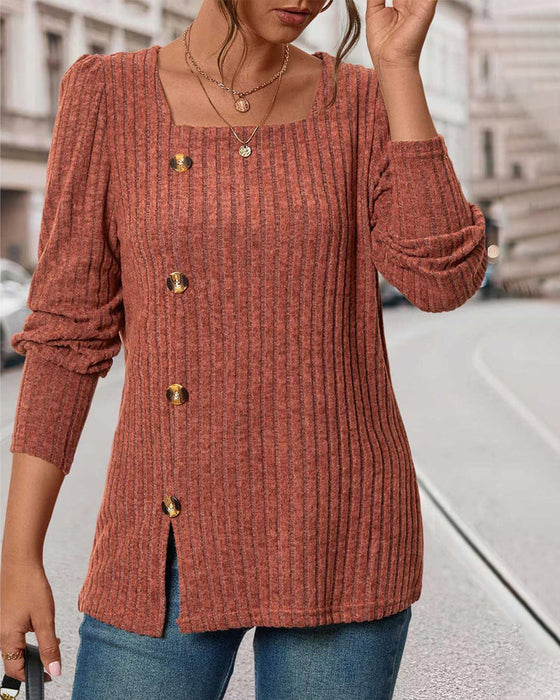 Square collar button-up solid color top